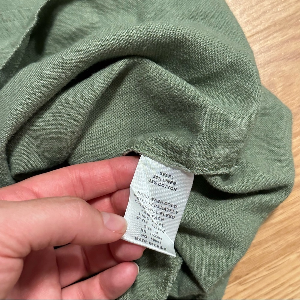 Green cotton linen blend medium short sleeve pockets tunic mini shift dress - Picture 6 of 7